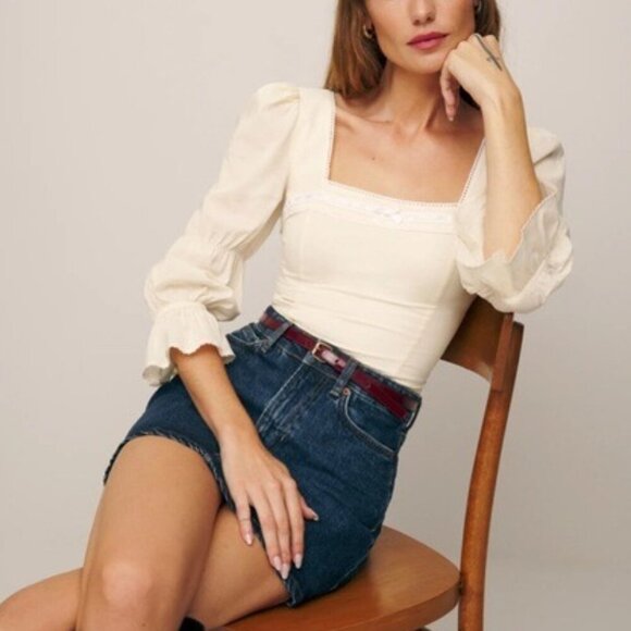 Reformation Amalie Tiered Square Neck Long Sleeve Top Embroidered Ivory | size 2 - Picture 1 of 12
